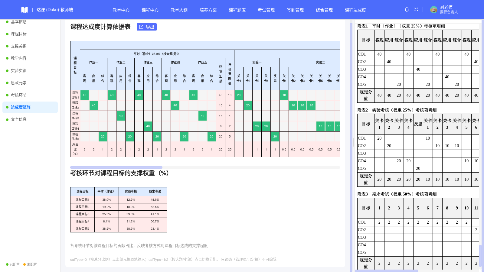 课程达成度计算依据表：多级合并表头与评价贡献值